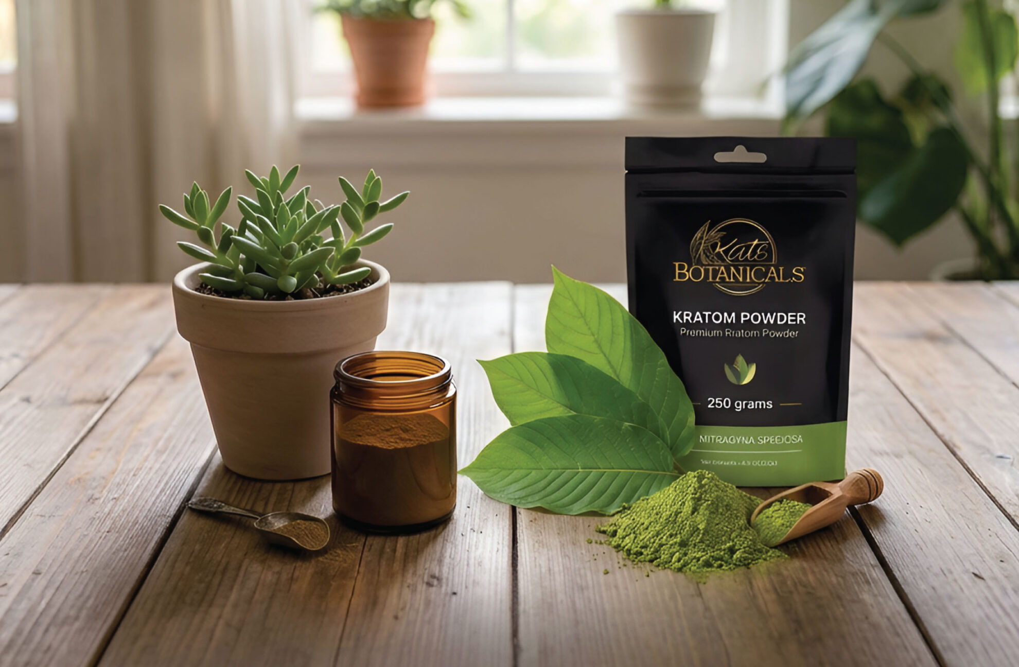 A bag of Kats Botanicals kratom powder, a glass jar, a wooden spoon, green leaves, and a potted succulent sit on a wooden table with sunlight shining through a window in the background.