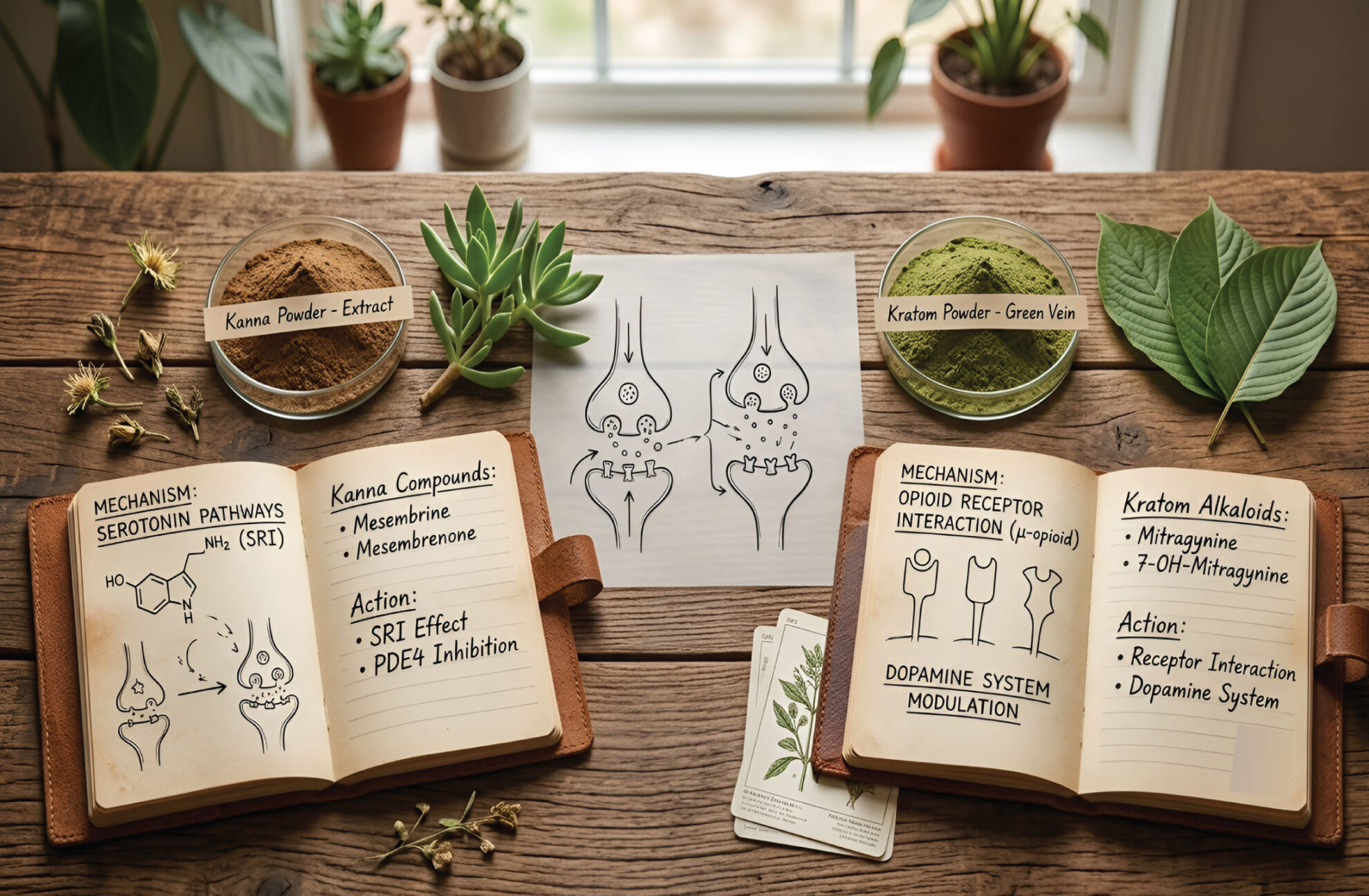 Two open notebooks display scientific notes on kanna and kratom. Bowls of brown and green powders, labeled as kanna and kratom, sit nearby with green plant leaves, succulents, and a diagram of synapses on a wooden table by a window.