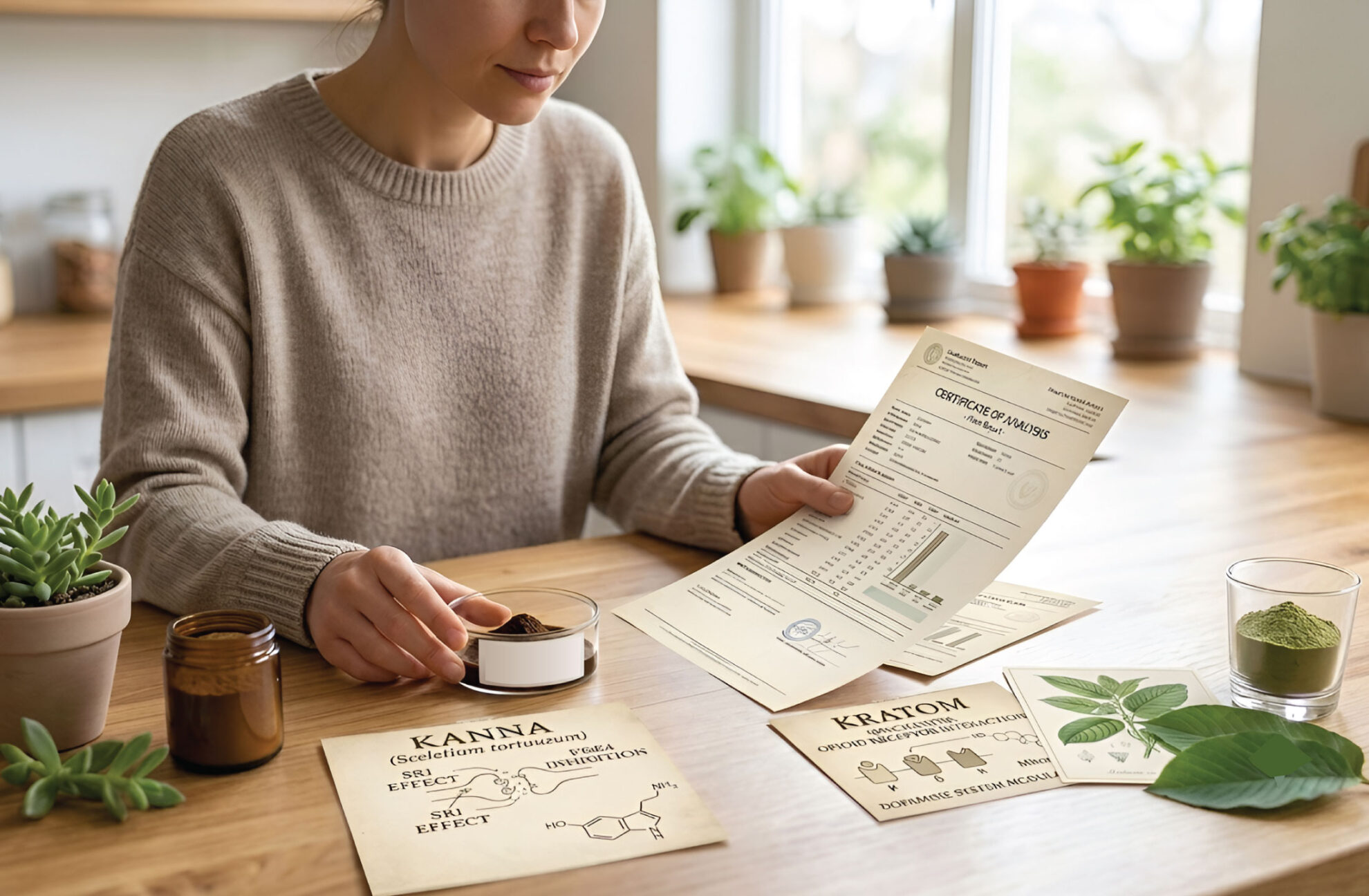 A person sits at a wooden table examining scientific documents about herbal supplements, surrounded by plant leaves, powder, jars, and potted plants in a bright kitchen setting.