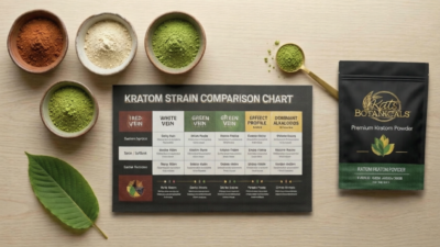 Four bowls of kratom powder in varying shades, a spoonful of green powder, a single leaf, a Kratom Strain Comparison Chart, and a pouch of Kats Botanicals Premium Kratom Powder on a light wooden surface.