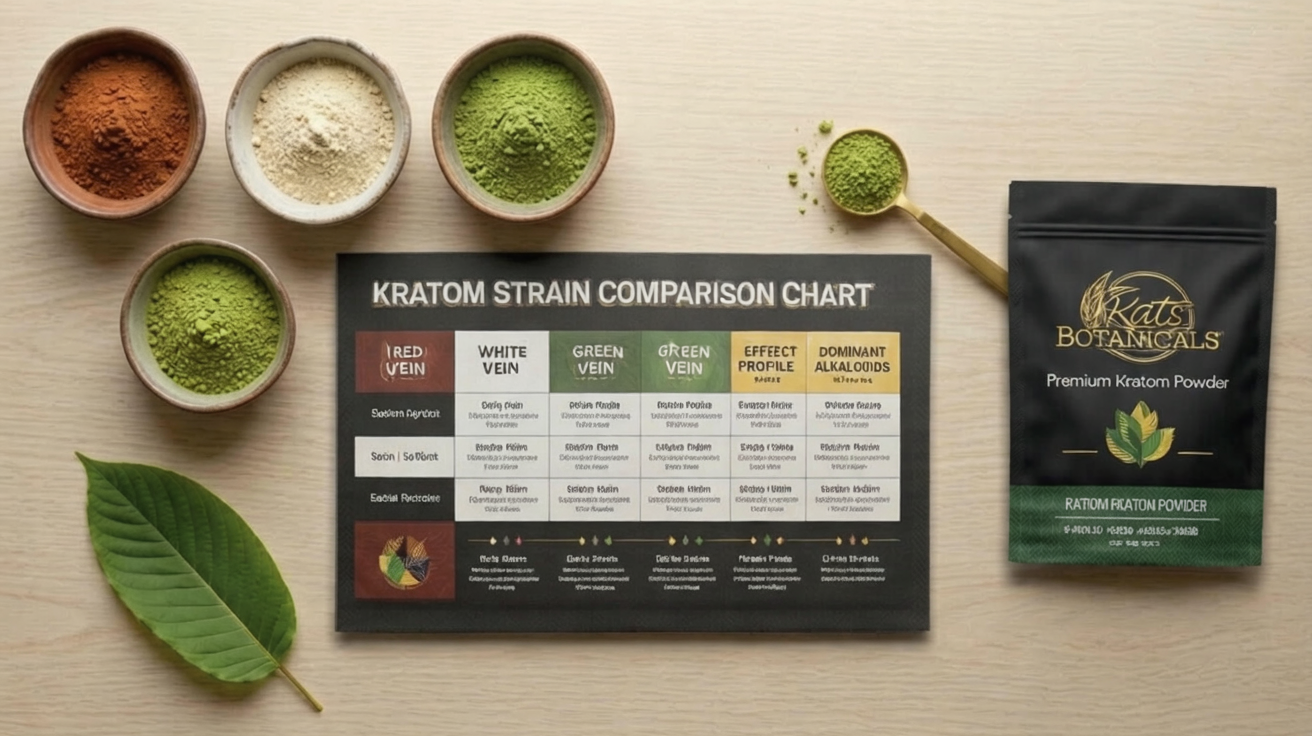 Four bowls of kratom powder in varying shades, a spoonful of green powder, a single leaf, a Kratom Strain Comparison Chart, and a pouch of Kats Botanicals Premium Kratom Powder on a light wooden surface.