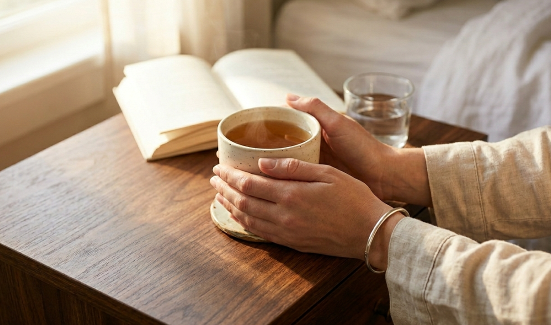A person holding a mug of tea sits at a wooden bedside table with an open book and a glass of water, warm sunlight streaming in from a nearby window.