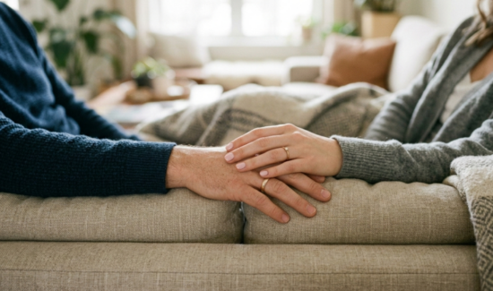 Two people sitting on a couch gently holding hands, both wearing rings, with a cozy blanket and soft natural light in a warmly decorated living room.