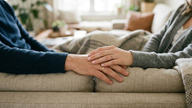 Two people sitting on a couch gently holding hands, both wearing rings, with a cozy blanket and soft natural light in a warmly decorated living room.