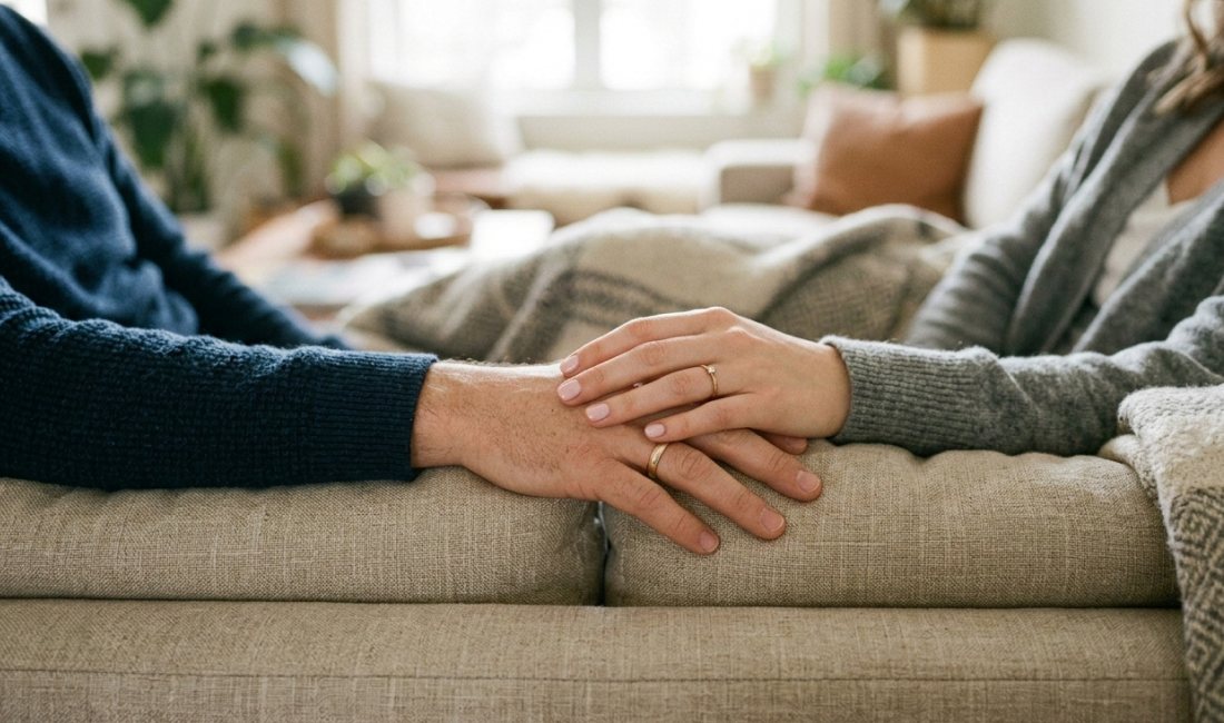 Two people sitting on a couch gently holding hands, both wearing rings, with a cozy blanket and soft natural light in a warmly decorated living room.
