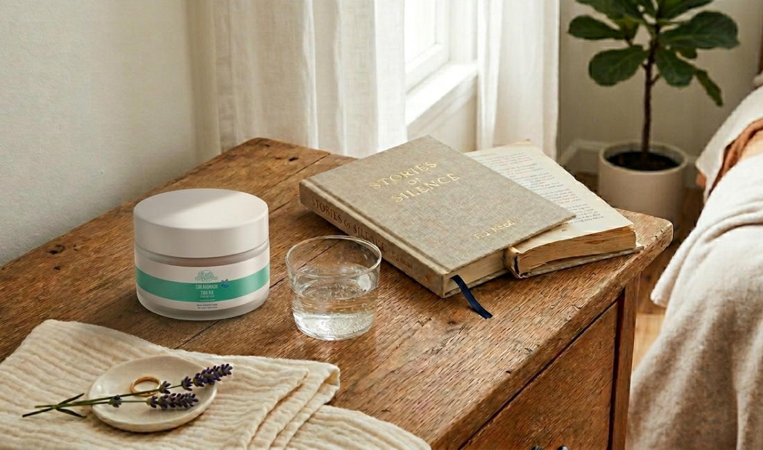 A wooden table holds a jar of cream, a glass of water, an open book, a closed book titled STORIES OF SILENCE, and a beige cloth with a ring and sprig of lavender. A potted plant is in the background by a window.