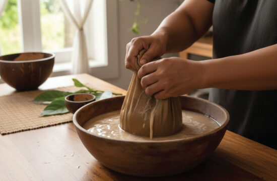 A person strains a liquid using a cloth bag over a wooden bowl on a sunlit table. Leaves and bowls are nearby, and light comes in through a window in the background.