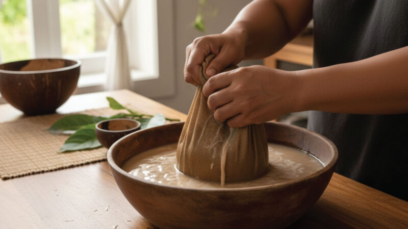A person strains a liquid using a cloth bag over a wooden bowl on a sunlit table. Leaves and bowls are nearby, and light comes in through a window in the background.