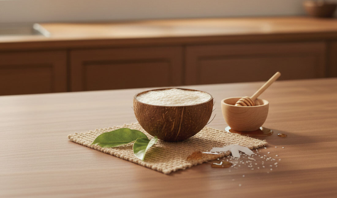 A coconut shell filled with frothy liquid sits on a woven mat next to a wooden bowl of honey with a dipper, green leaves, and scattered coconut flakes on a wooden table in a warmly lit kitchen.