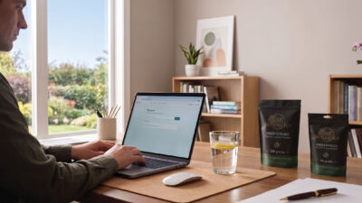 A person works at a desk on a laptop near a window with a garden view. On the desk are a glass of water with lemon, two packets of Green Borneo powder, a mouse, paper, books, and plants.