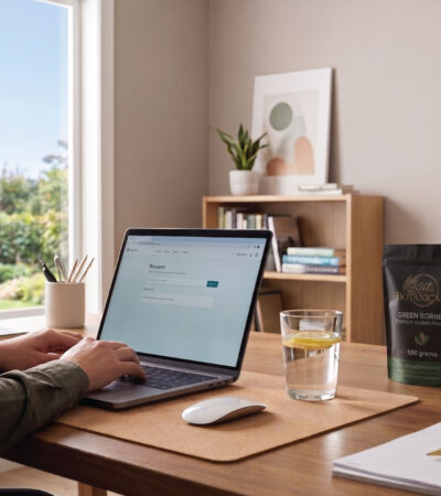 A person works at a desk on a laptop near a window with a garden view. On the desk are a glass of water with lemon, two packets of Green Borneo powder, a mouse, paper, books, and plants.