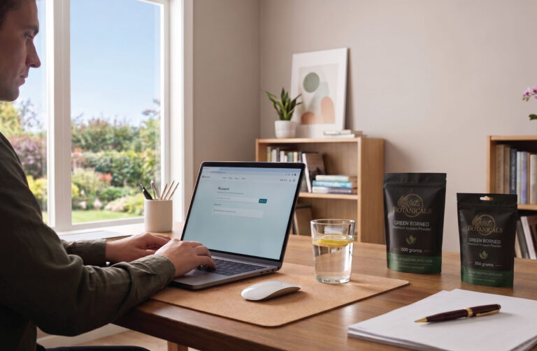 A person works at a desk on a laptop near a window with a garden view. On the desk are a glass of water with lemon, two packets of Green Borneo powder, a mouse, paper, books, and plants.
