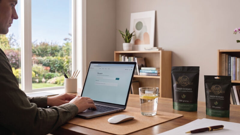 A person works at a desk on a laptop near a window with a garden view. On the desk are a glass of water with lemon, two packets of Green Borneo powder, a mouse, paper, books, and plants.