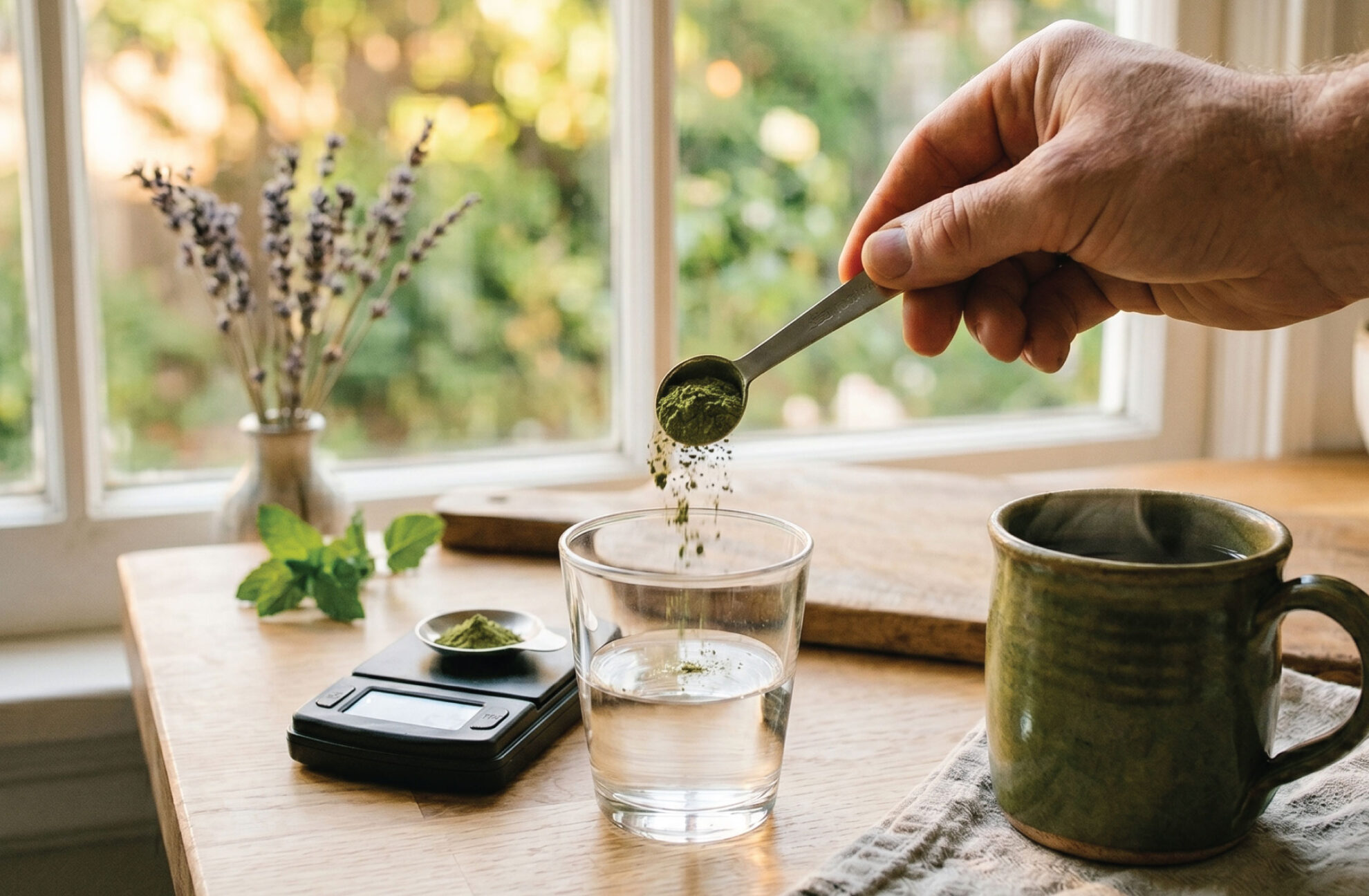 A hand pours green powder from a spoon into a glass of water on a wooden table, with a digital scale, a ceramic mug, and a vase with flowers nearby; sunlight streams through a window in the background.