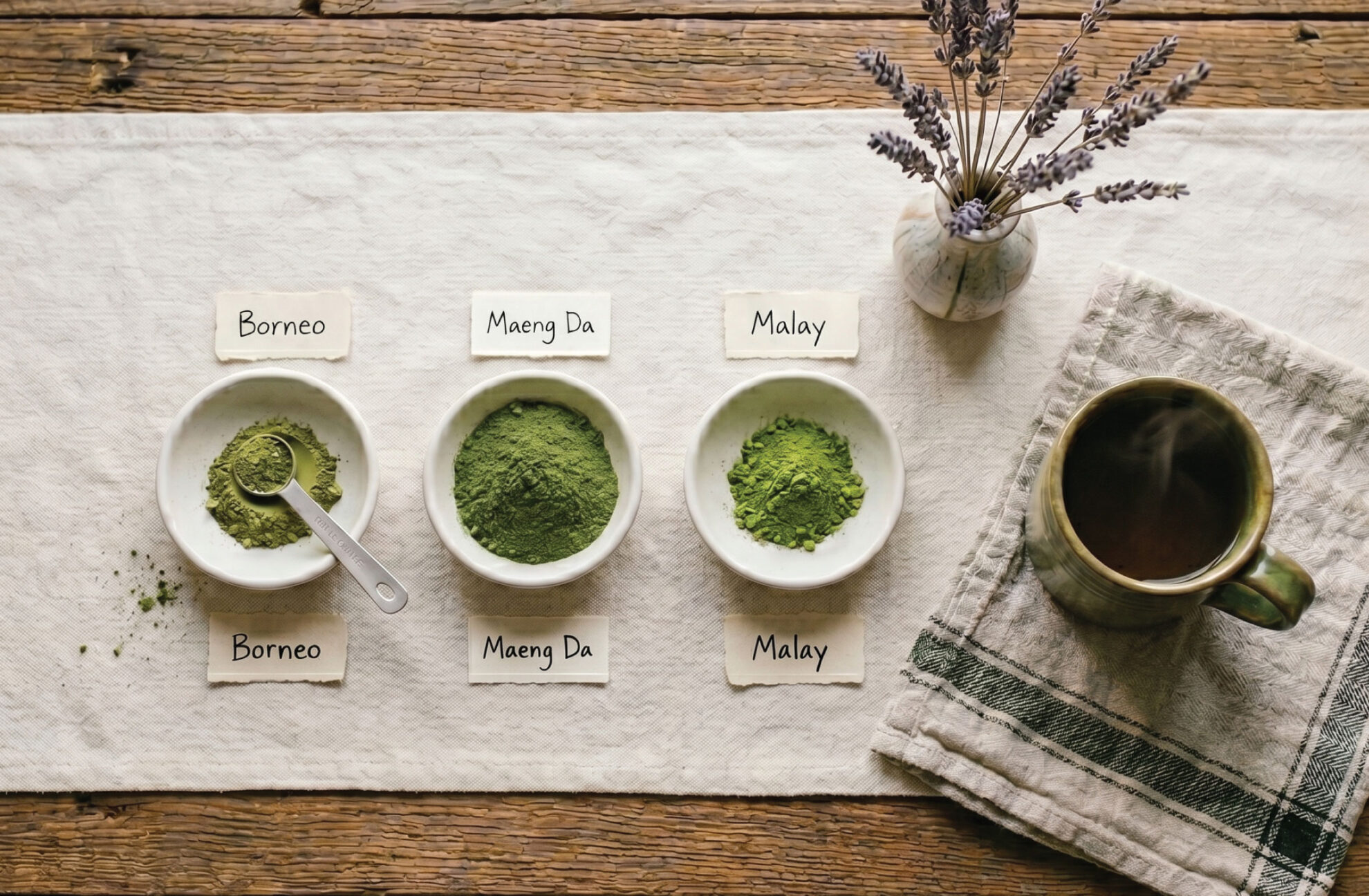 Three bowls of green powder labeled Borneo, Maeng Da, and Malay sit on a cloth runner, with a spoon in the Borneo bowl. Nearby are a steaming mug, folded napkin, and a small vase with lavender.