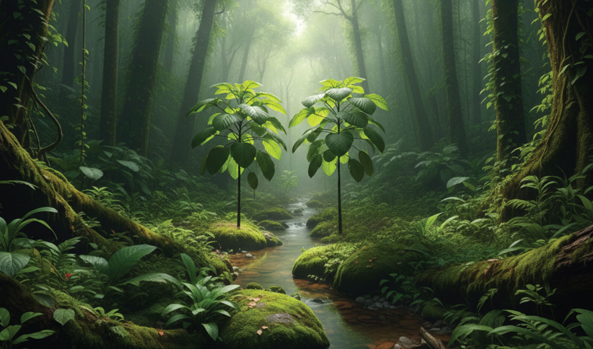 Two young trees stand in the center of a lush, green forest with sunlight filtering through tall trees. A small stream flows between them, surrounded by moss, ferns, and dense vegetation.