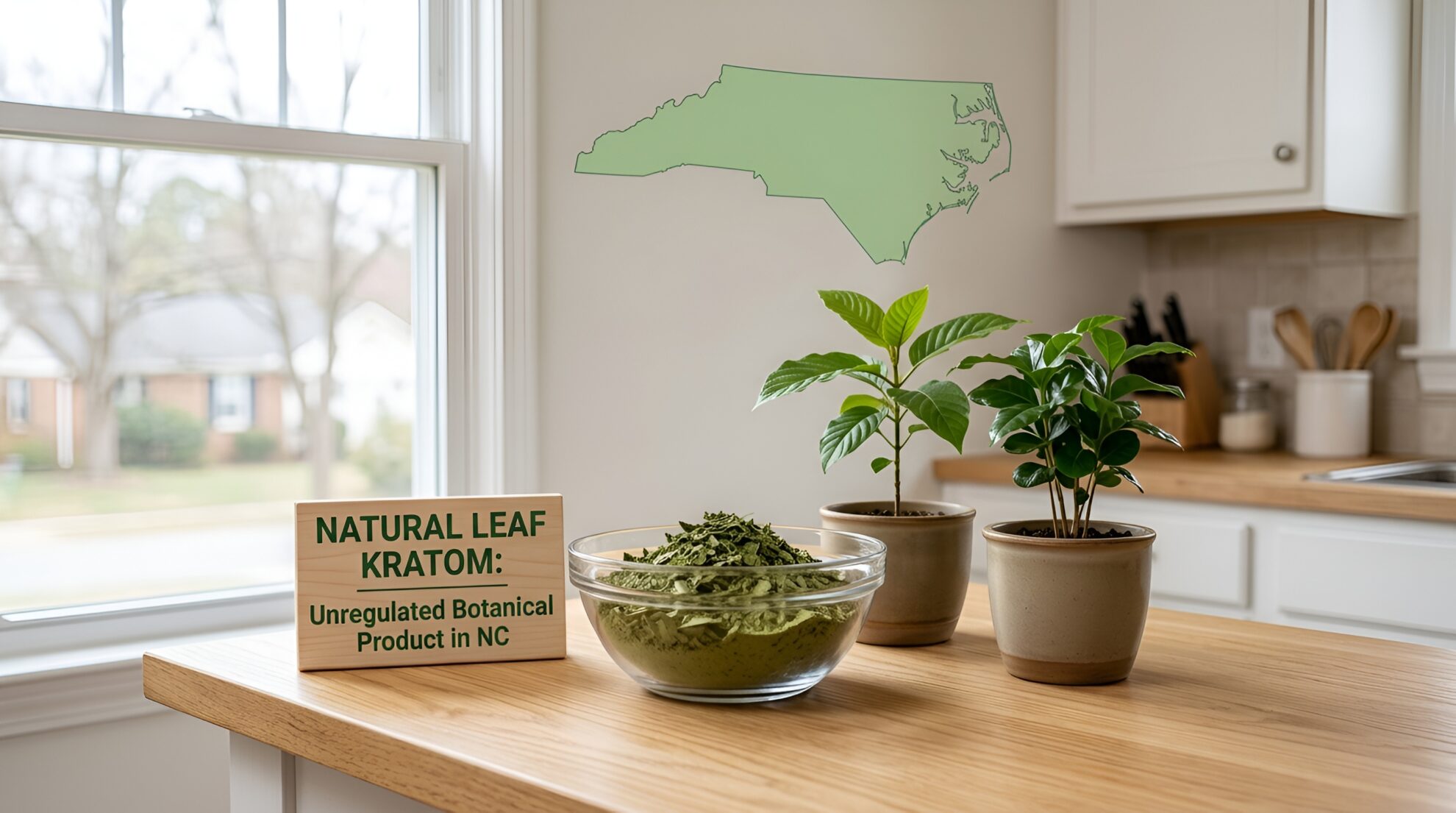 Two potted kratom plants and a bowl of kratom leaves sit on a kitchen counter with a sign reading Natural Leaf Kratom: Unregulated Botanical Product in NC and an outline of North Carolina on the wall.