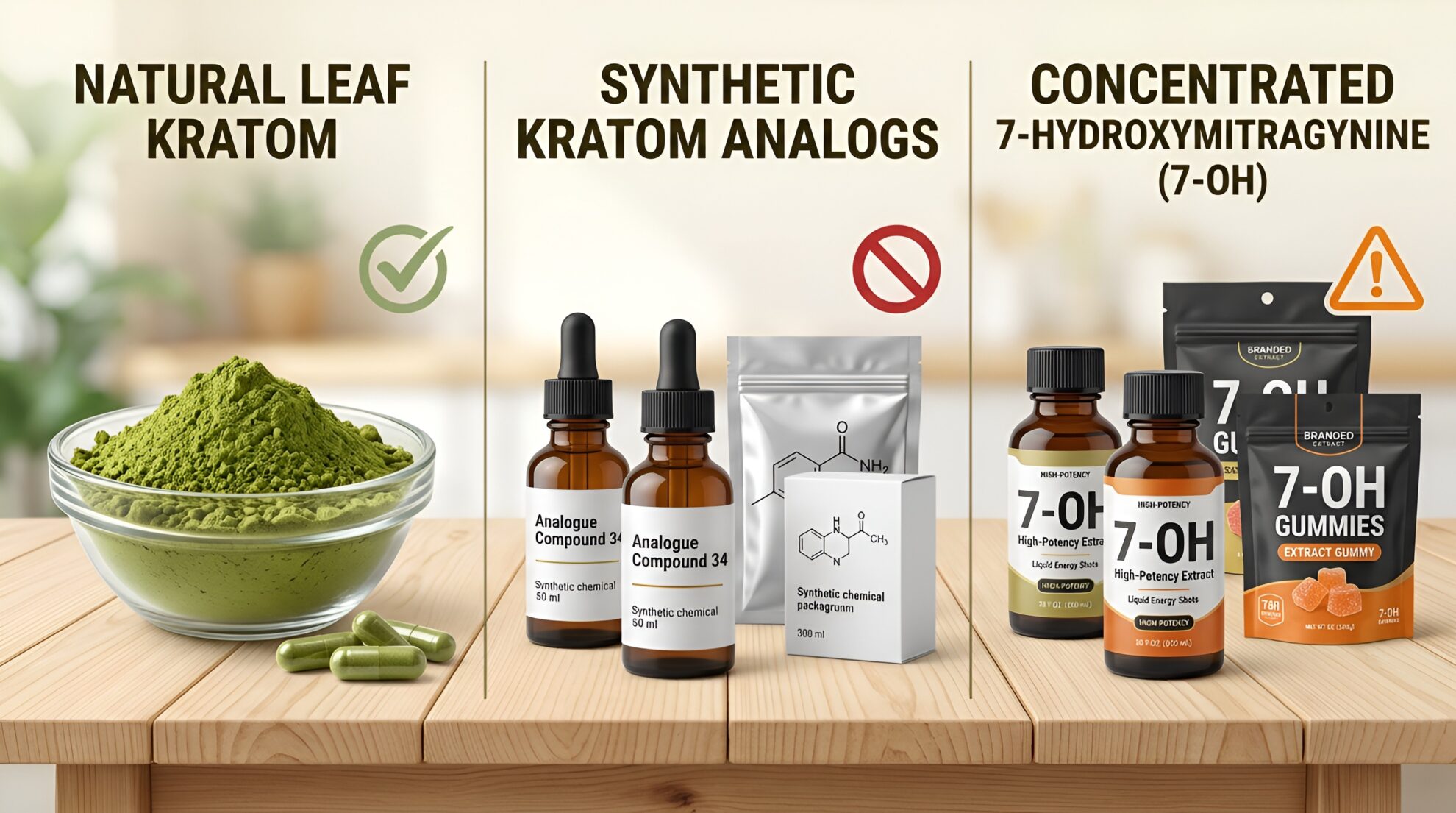 Three types of kratom products on a table: powdered natural leaf and capsules, synthetic analog liquids, and concentrated 7-OH extract bottles and gummies, each labeled under their respective categories.
