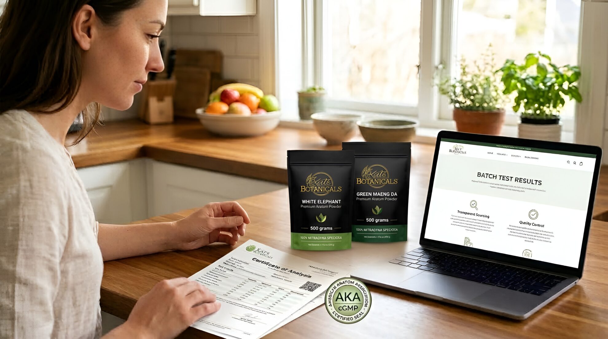 A woman reviews lab test results on paper and a laptop at a kitchen table, with two bags of Kats Botanicals Kratom powder in the background and a fruit bowl on the counter.