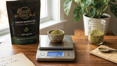 A bag of Green Maeng Da Kratom powder, a bowl of powder on a digital scale reading 24g, a jar, spoon, notepad, and a potted plant on a wooden table near a window.