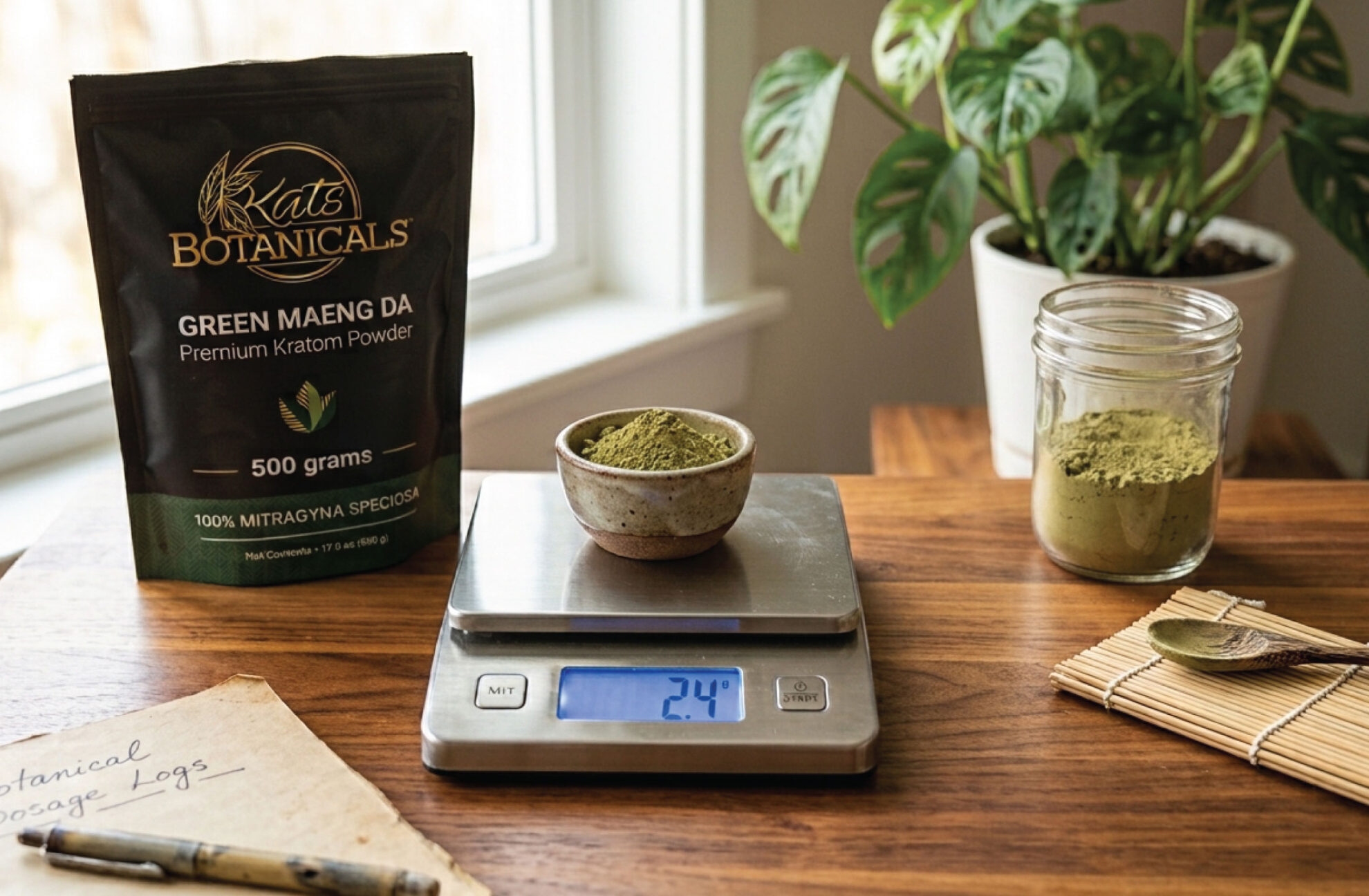 A bag of Green Maeng Da Kratom powder, a bowl of powder on a digital scale reading 24g, a jar, spoon, notepad, and a potted plant on a wooden table near a window.