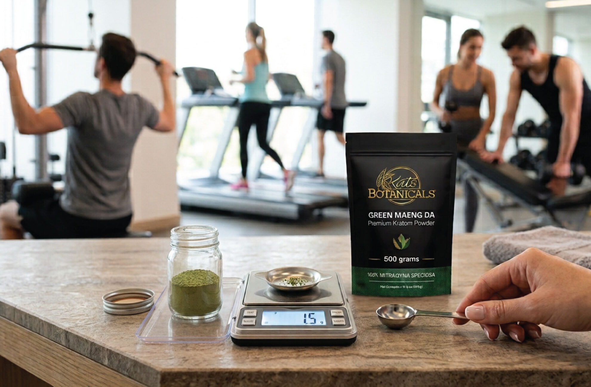 A hand measures green powder on a scale beside a bag labeled Green Maeng Da Kratom Powder in a gym setting, with people working out in the background.