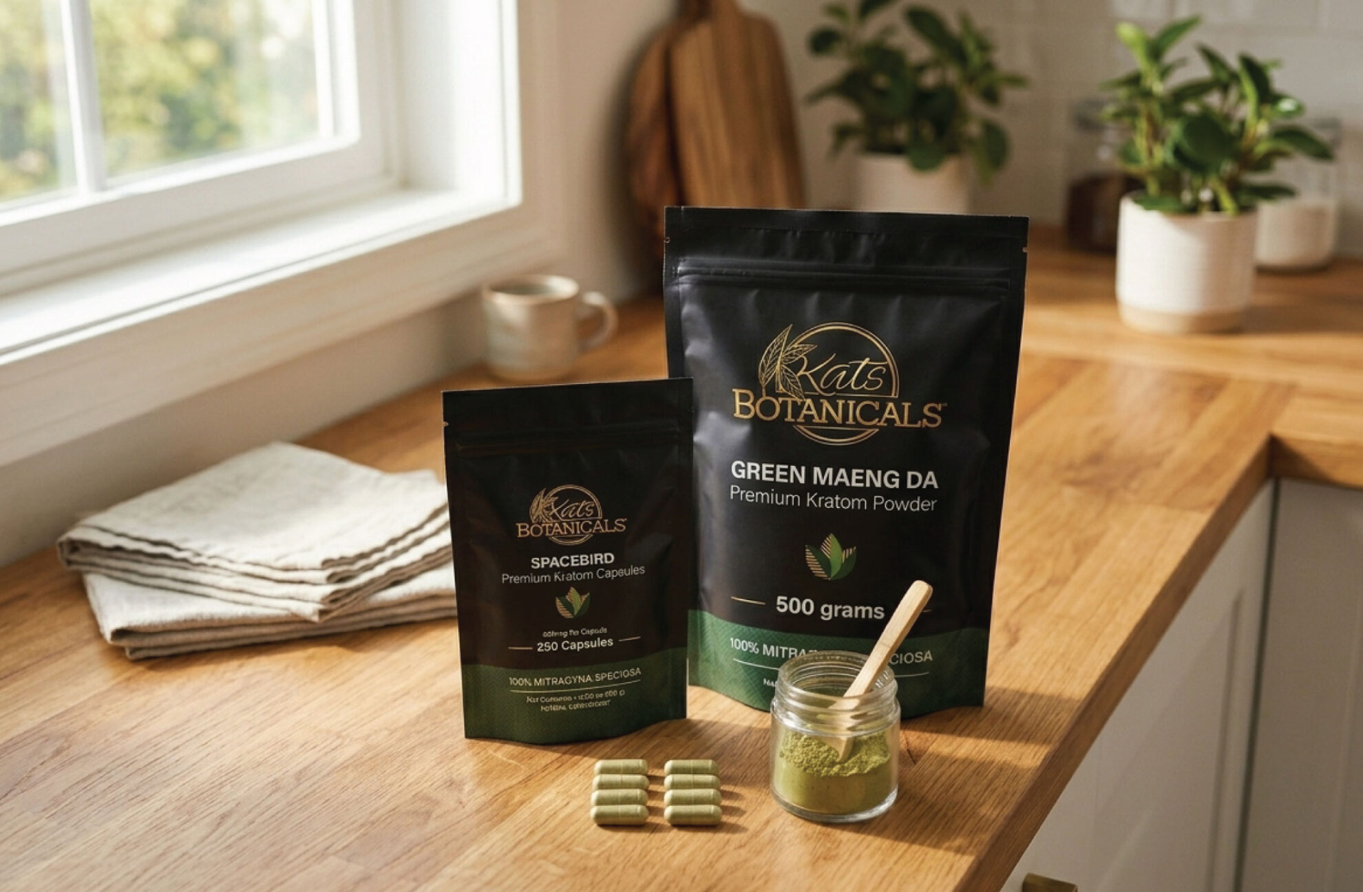 Two bags of Kats Botanicals kratom products, a jar of powder with a spoon, and four kratom capsules sit on a wooden kitchen counter next to folded towels by a sunlit window.