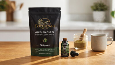 A bag of Kats Botanicals Green Maeng Da kratom powder, a Venom 300 kratom extract bottle with dropper, a jar of powder, a wooden scoop, and a steaming cup on a wooden counter with soft lighting.