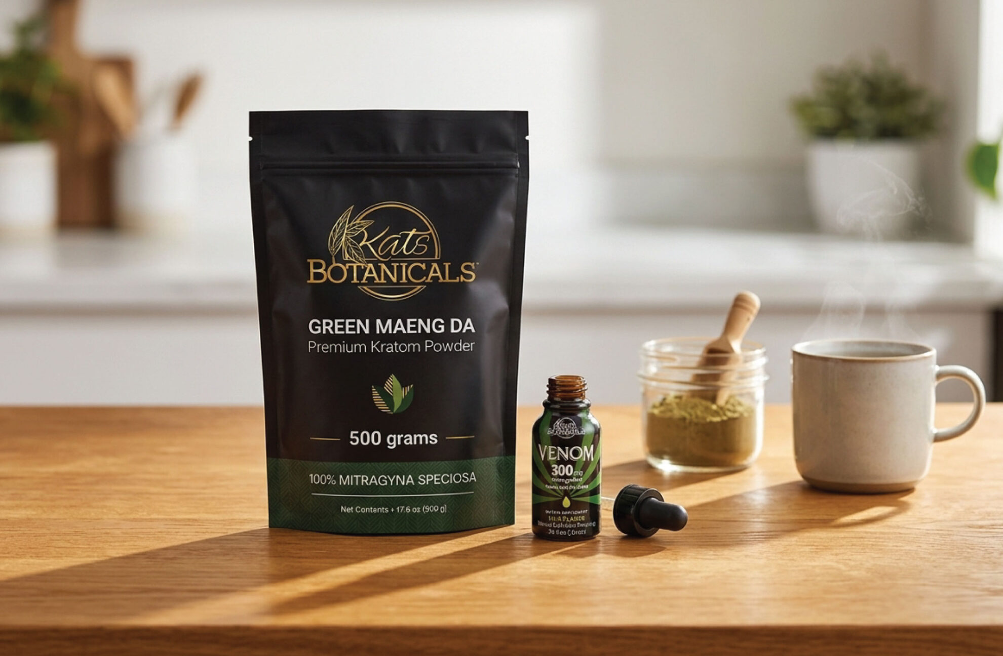 A bag of Kats Botanicals Green Maeng Da kratom powder, a Venom 300 kratom extract bottle with dropper, a jar of powder, a wooden scoop, and a steaming cup on a wooden counter with soft lighting.