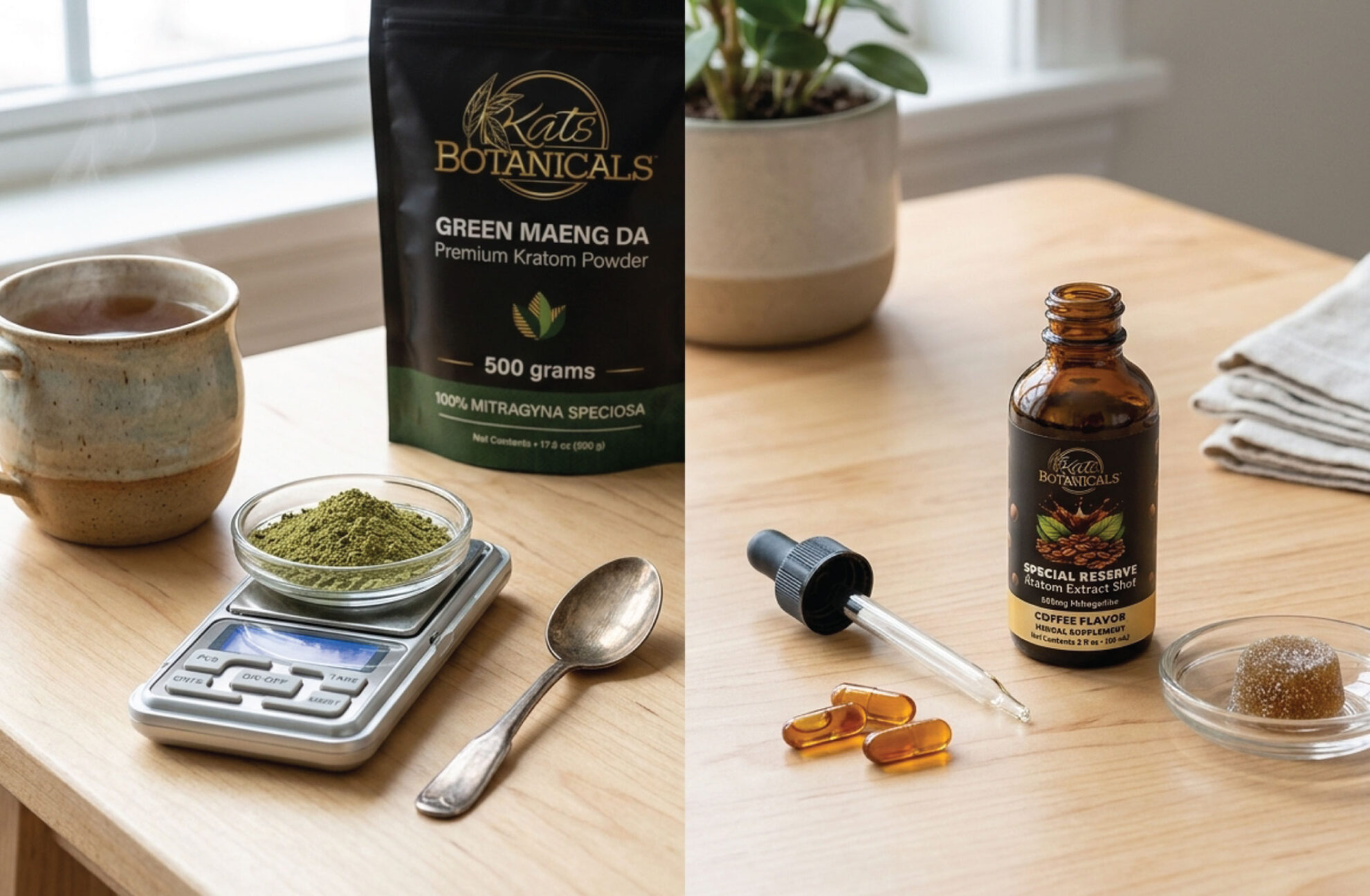A split image shows kratom powder on a scale with a spoon, mug, and bag labeled Kats Botanicals, and a bottle of Special Reserve kratom extract with capsules, a dropper, and a gummy on a wooden table.