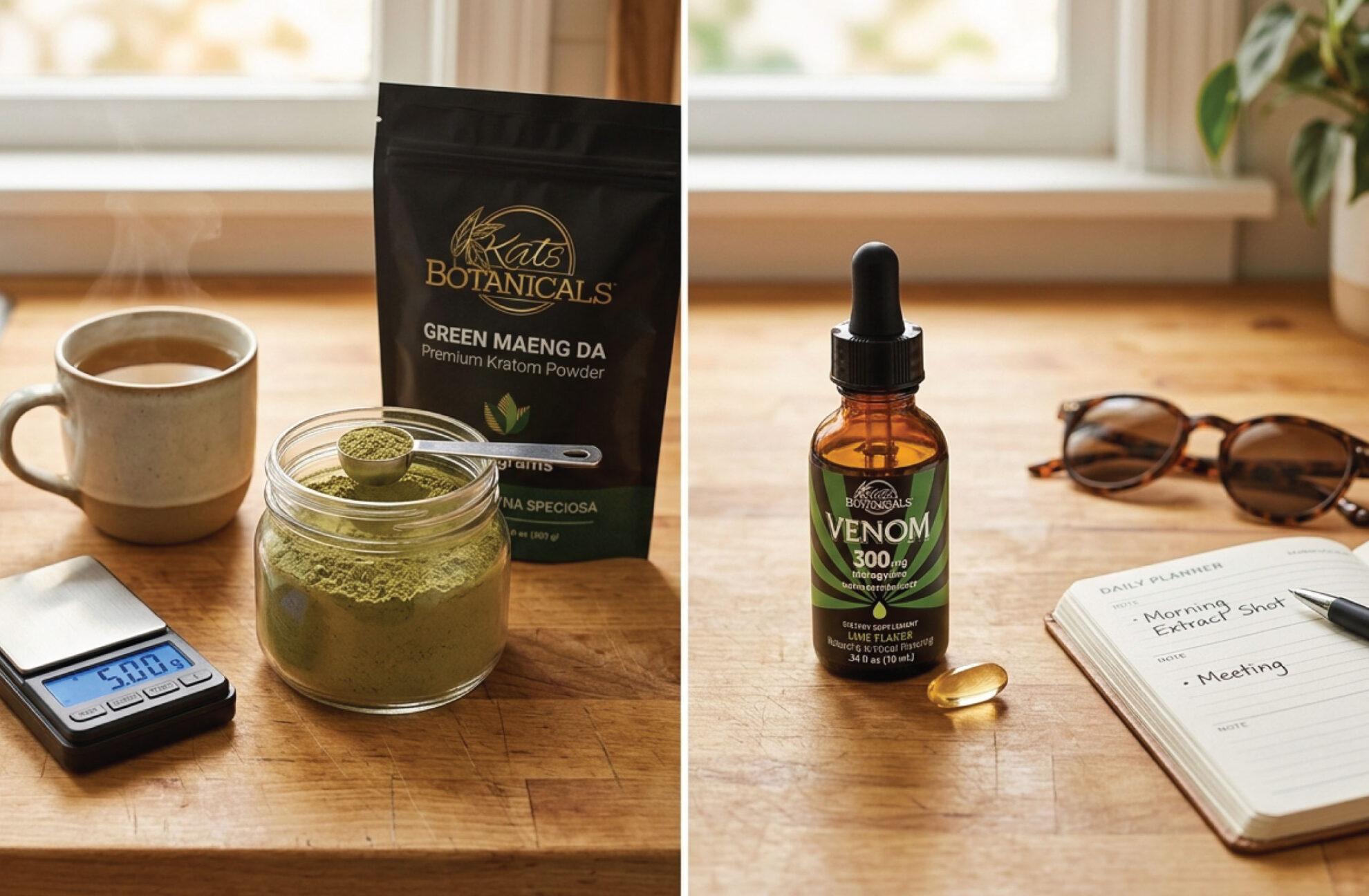 Two images: Left shows kratom powder, cup, scale, and spoon on a wooden table. Right shows a Venom CBD oil bottle, capsule, and a daily planner with Morning Shot Extract and Meeting written.