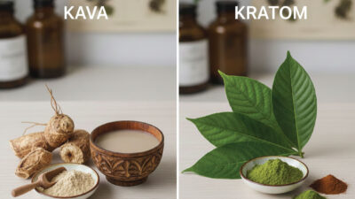 Split image showing kava (roots, powder, and a cup of drink) on the left, and kratom (green leaves, green powder, brown powder) on the right. Both have blurred bottles in the background and plant drawings above.