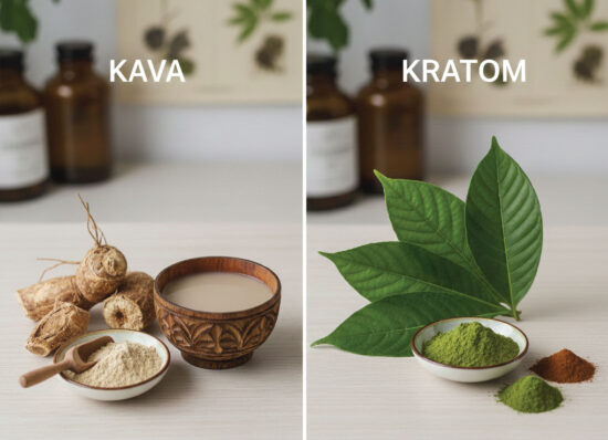 Split image showing kava (roots, powder, and a cup of drink) on the left, and kratom (green leaves, green powder, brown powder) on the right. Both have blurred bottles in the background and plant drawings above.