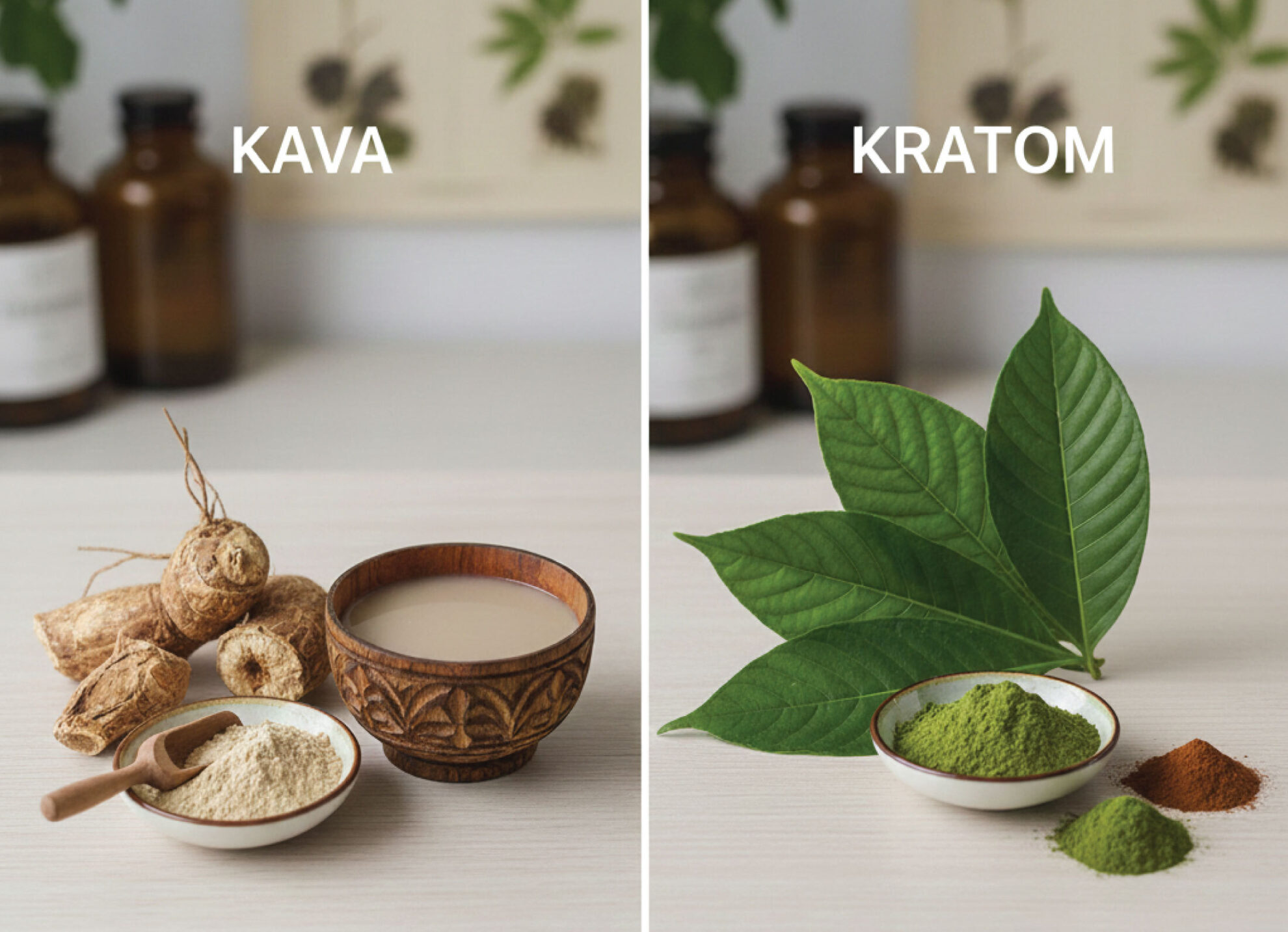 Split image showing kava (roots, powder, and a cup of drink) on the left, and kratom (green leaves, green powder, brown powder) on the right. Both have blurred bottles in the background and plant drawings above.
