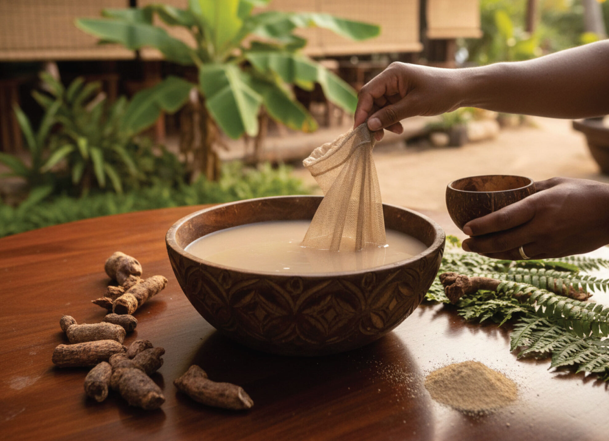 A hand holds a cloth bag over a carved wooden bowl filled with a milky liquid. Turmeric roots, green leaves, powder, and a small wooden cup rest on a wooden table in an outdoor setting.
