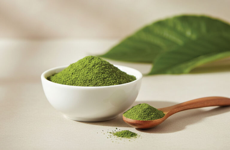 A white bowl filled with green powder sits on a light surface next to a wooden spoon holding more green powder. A green leaf is blurred in the background.