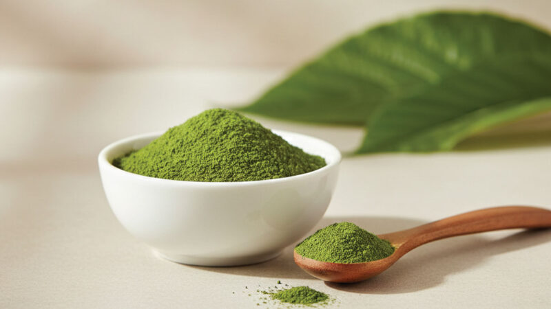 A white bowl filled with green powder sits on a light surface next to a wooden spoon holding more green powder. A green leaf is blurred in the background.