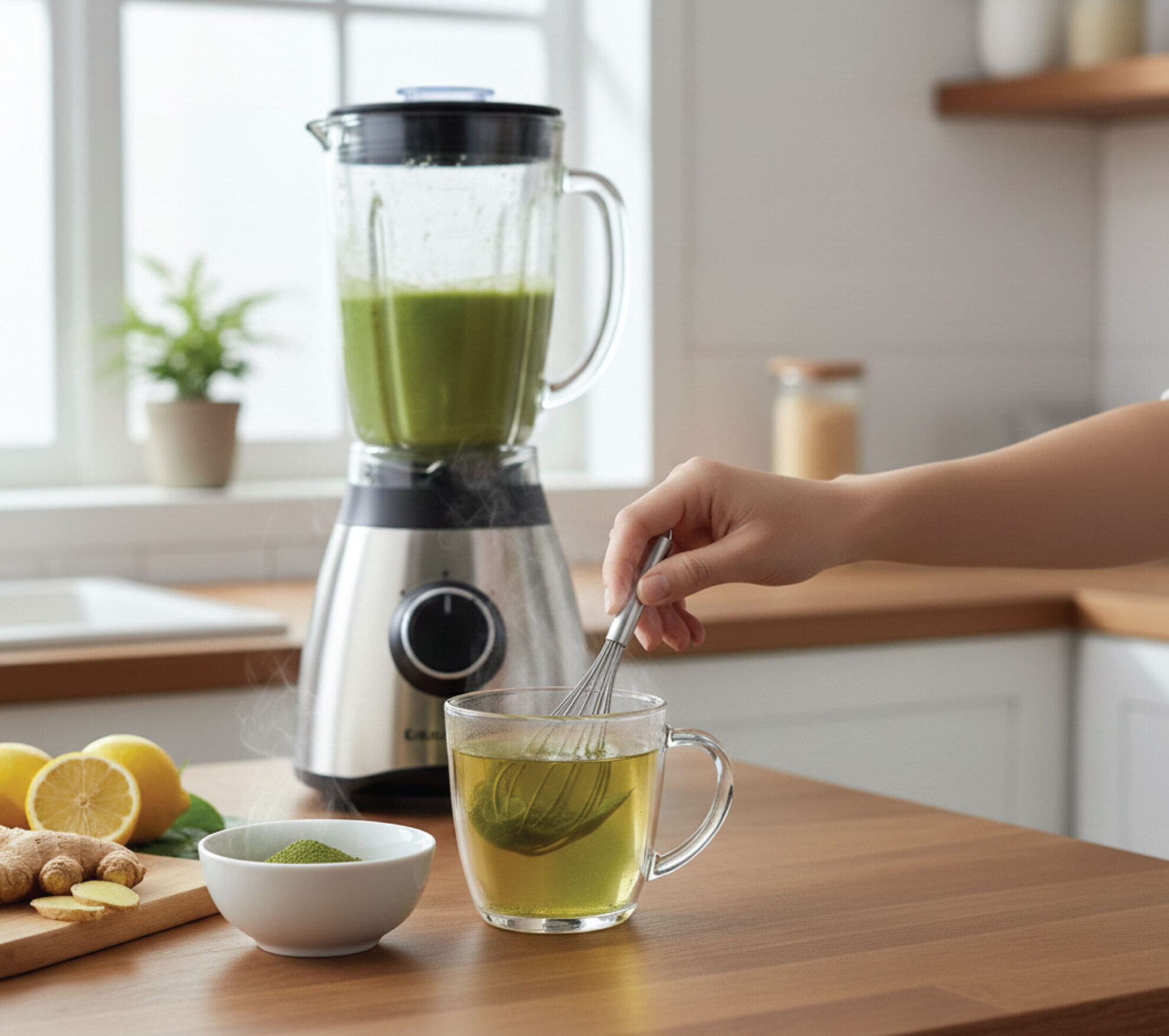 A person whisks green tea in a glass mug on a kitchen counter. Nearby are a blender with green liquid, a bowl of matcha powder, sliced ginger, and lemons. Sunlight streams in through a window.