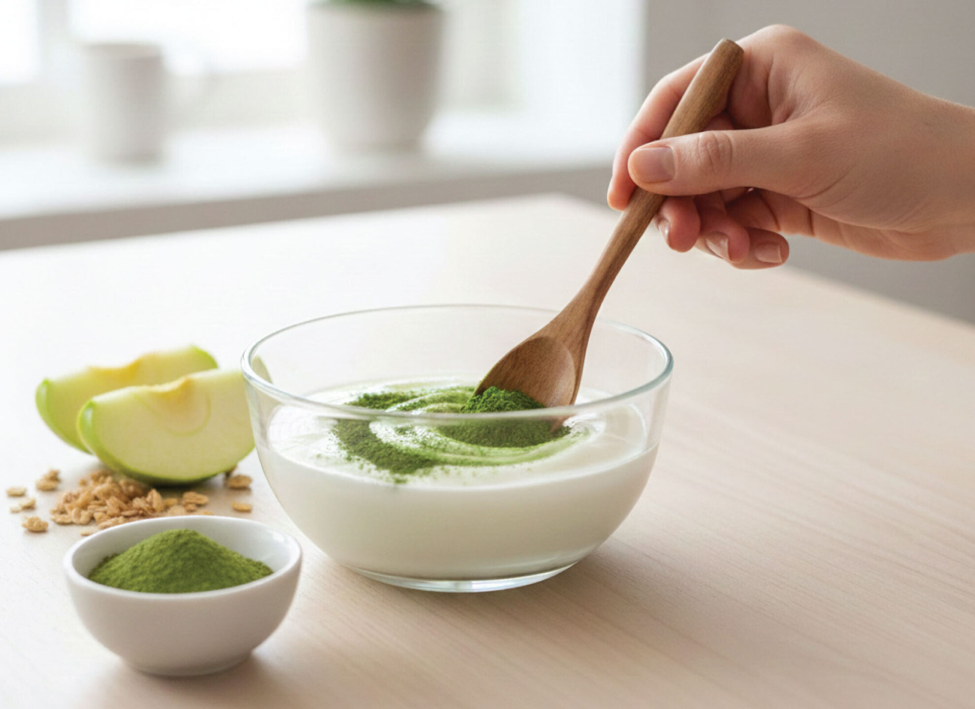 A hand stirs green powder into a bowl of yogurt with a wooden spoon. Next to the bowl are a smaller bowl of green powder, sliced green apple, and some oats on a light wooden table.