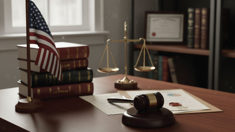 A judge’s desk with a gavel, legal documents, scales of justice, law books, and a small American flag. A certificate and books are on a shelf in the background. Light comes through a window.