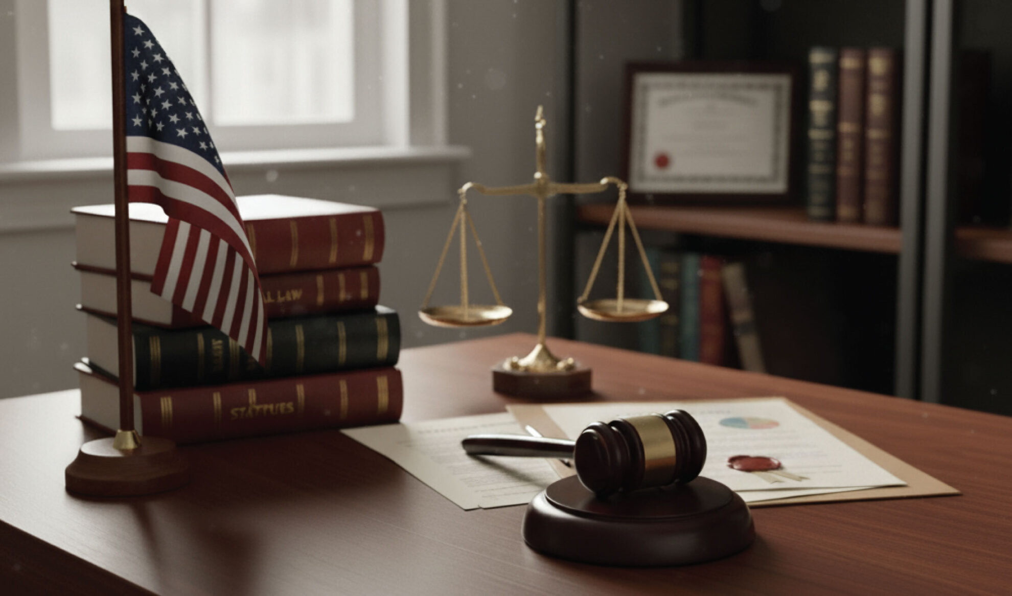 A judge’s desk with a gavel, legal documents, scales of justice, law books, and a small American flag. A certificate and books are on a shelf in the background. Light comes through a window.