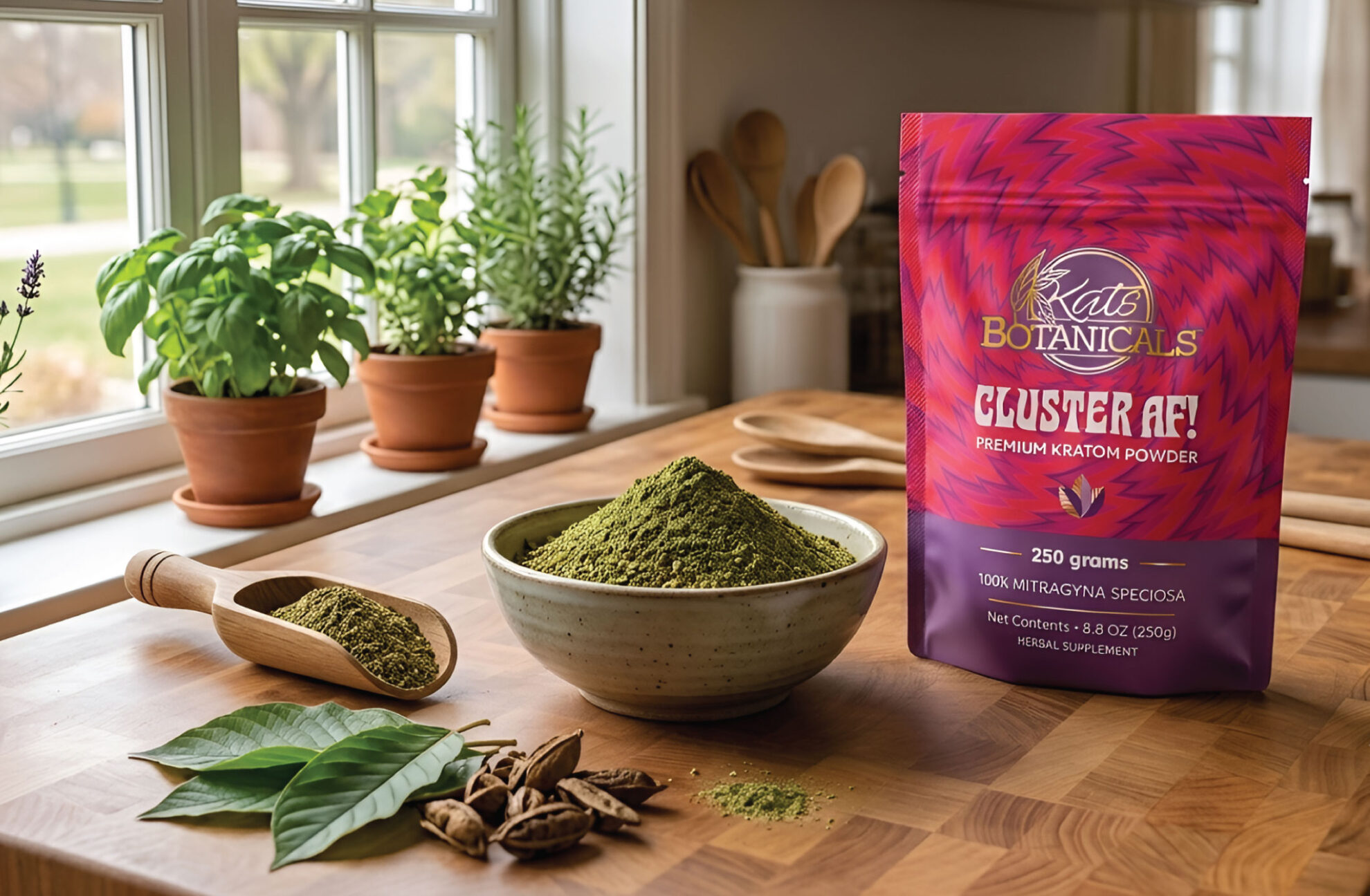 A bowl of green kratom powder, a wooden scoop, kratom leaves, and a Kats Botanicals Cluster AF! kratom powder bag on a kitchen counter with potted plants by the window.