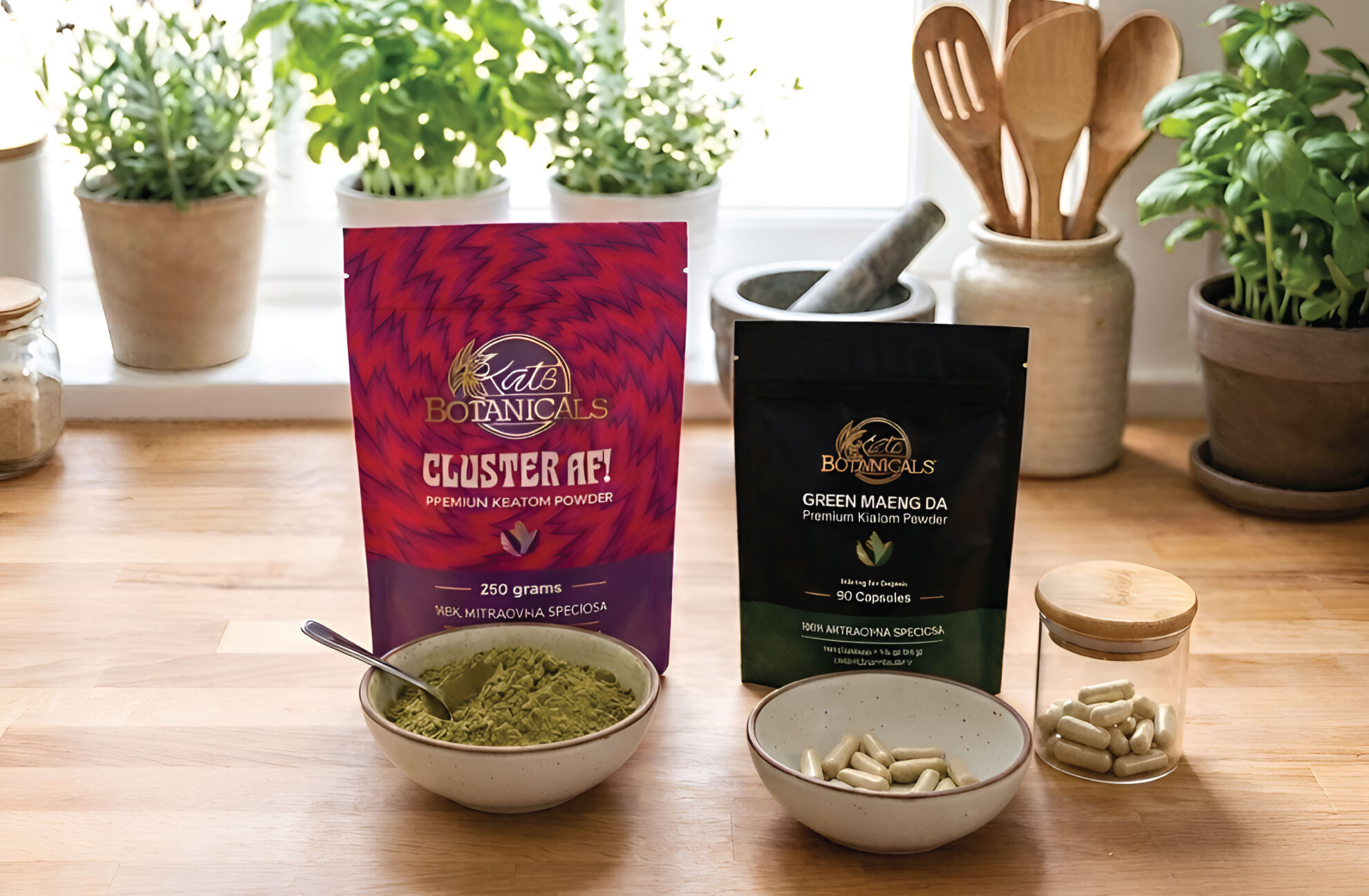 Two bags of Kats Botanicals kratom, a bowl of powder with a scoop, capsules, a glass jar, and potted plants on a kitchen counter with sunlight streaming in.