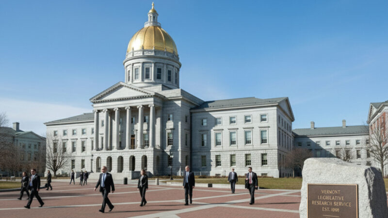 People walk in front of a large government building with a gold dome, columns, and wide steps, under a clear blue sky. A stone sign in the foreground reads “Vermont Legislative Research Service Est. 1980.”.