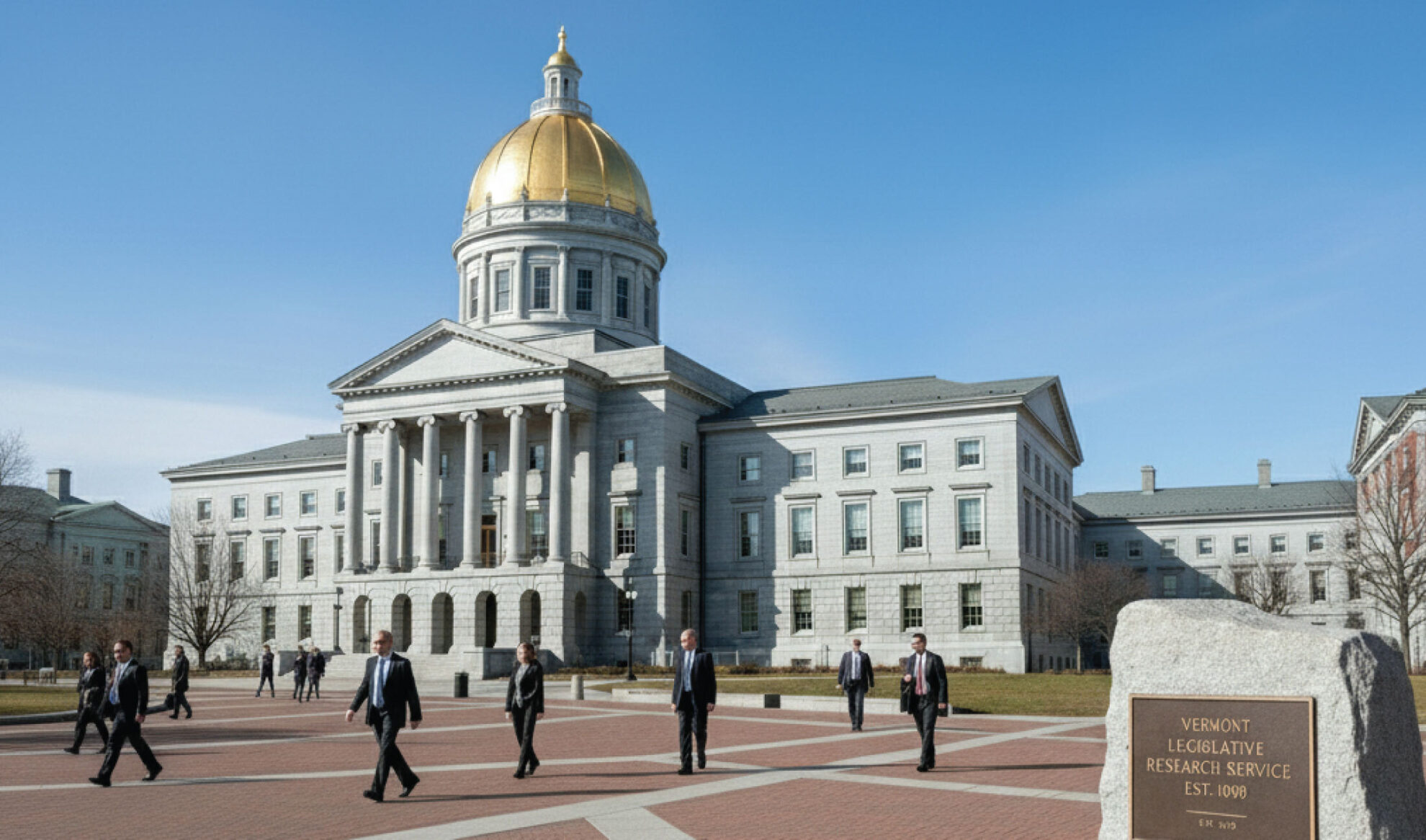 People walk in front of a large government building with a gold dome, columns, and wide steps, under a clear blue sky. A stone sign in the foreground reads “Vermont Legislative Research Service Est. 1980.”.