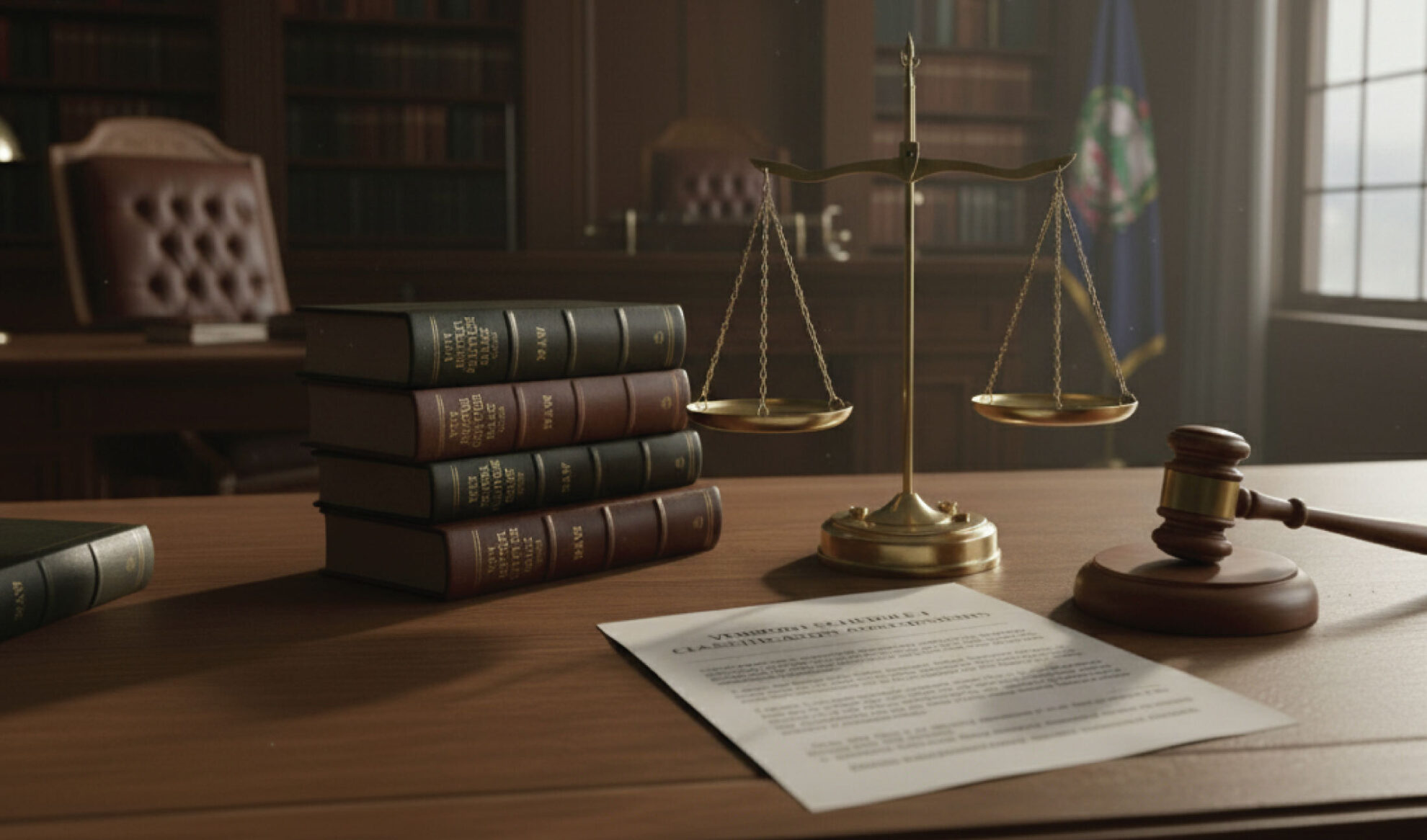 A judge’s desk with legal books, a brass balance scale, a wooden gavel, and an official document, set in a wood-paneled office with shelves of books and a flag in the background.