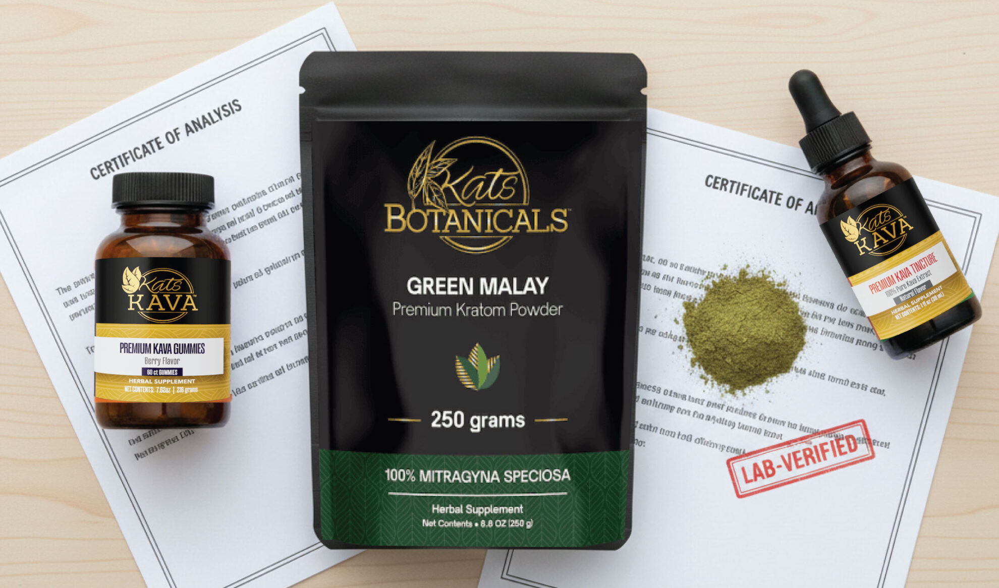 A black bag of Kats Botanicals Green Malay Kratom powder, a bottle of Premium Kratom Gummies, and a dropper bottle on top of lab certificates, with green kratom powder and a red LAB-VERIFIED stamp visible.