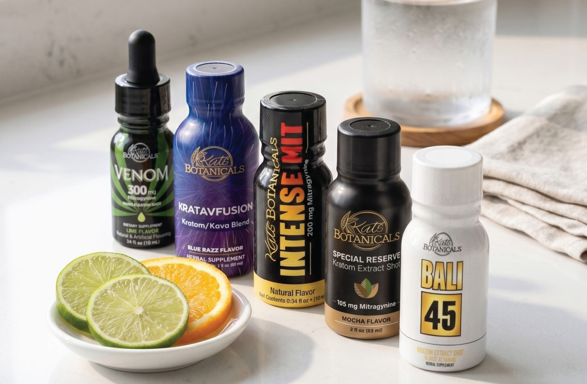 Five bottles of Kats Botanicals kratom products are displayed on a countertop next to sliced lime and orange. A glass of water sits in the background, suggesting preparation for consumption.