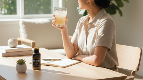 A woman sits at a sunlit desk, holding a glass of juice. On the desk are a notebook, pen, small potted plant, and a dark bottle labeled PREBIOME. She looks out the window, calm and thoughtful.