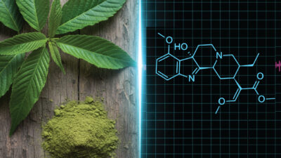 Fresh green leaves and a pile of green powder on a wooden surface are shown on the left, with a glowing chemical structure diagram displayed on a dark grid background on the right.